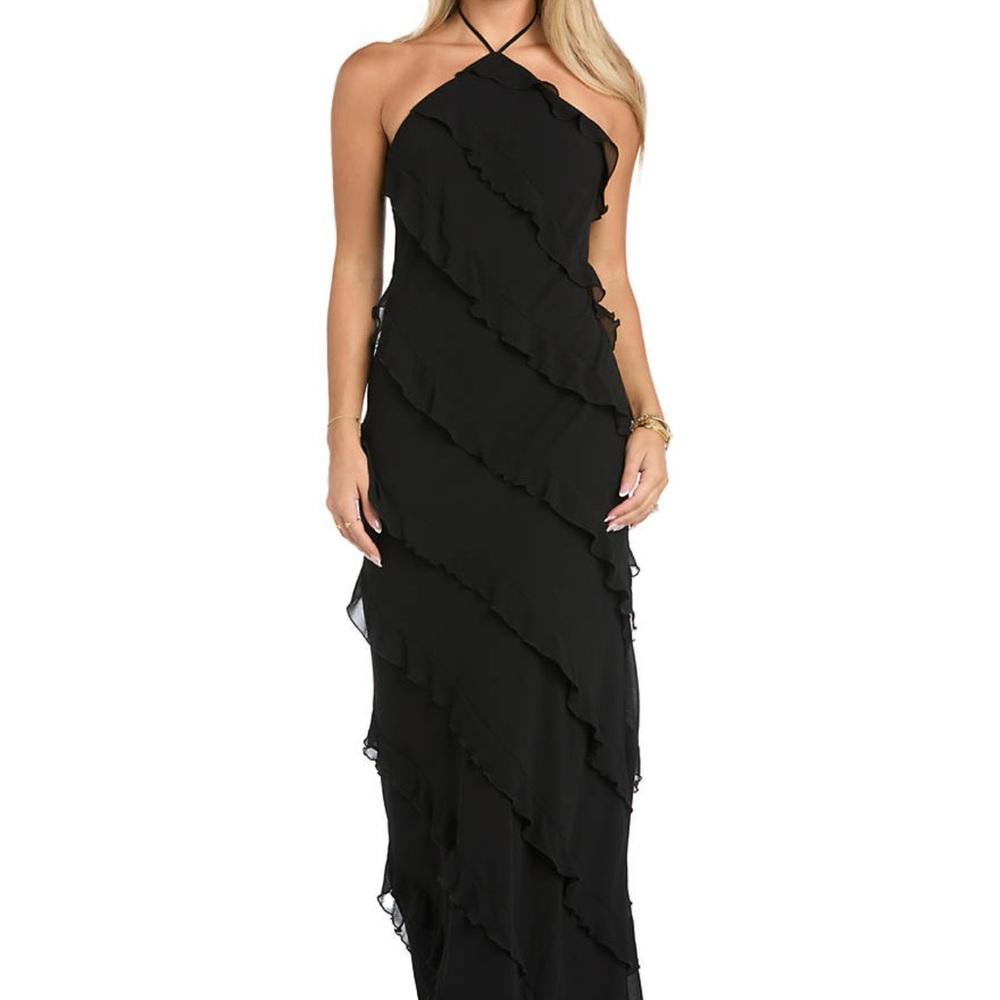 Black Tie Halter Neck Ruffle Gown